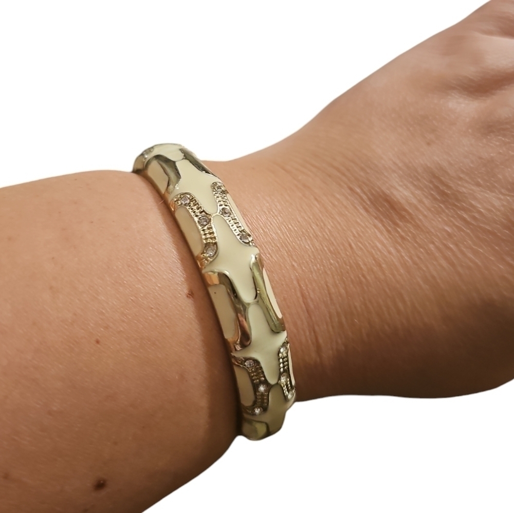 Gold Tone Cream Enamel Rhinestones Hinged Cuff Bracelet Bangle